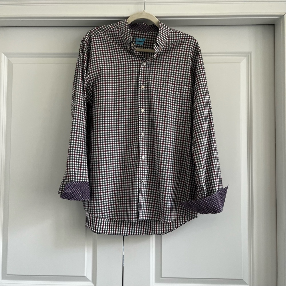J. McLaughlin Men’s Checkered Shirt - Burgundy, Green, Navy, White Modern Fit L